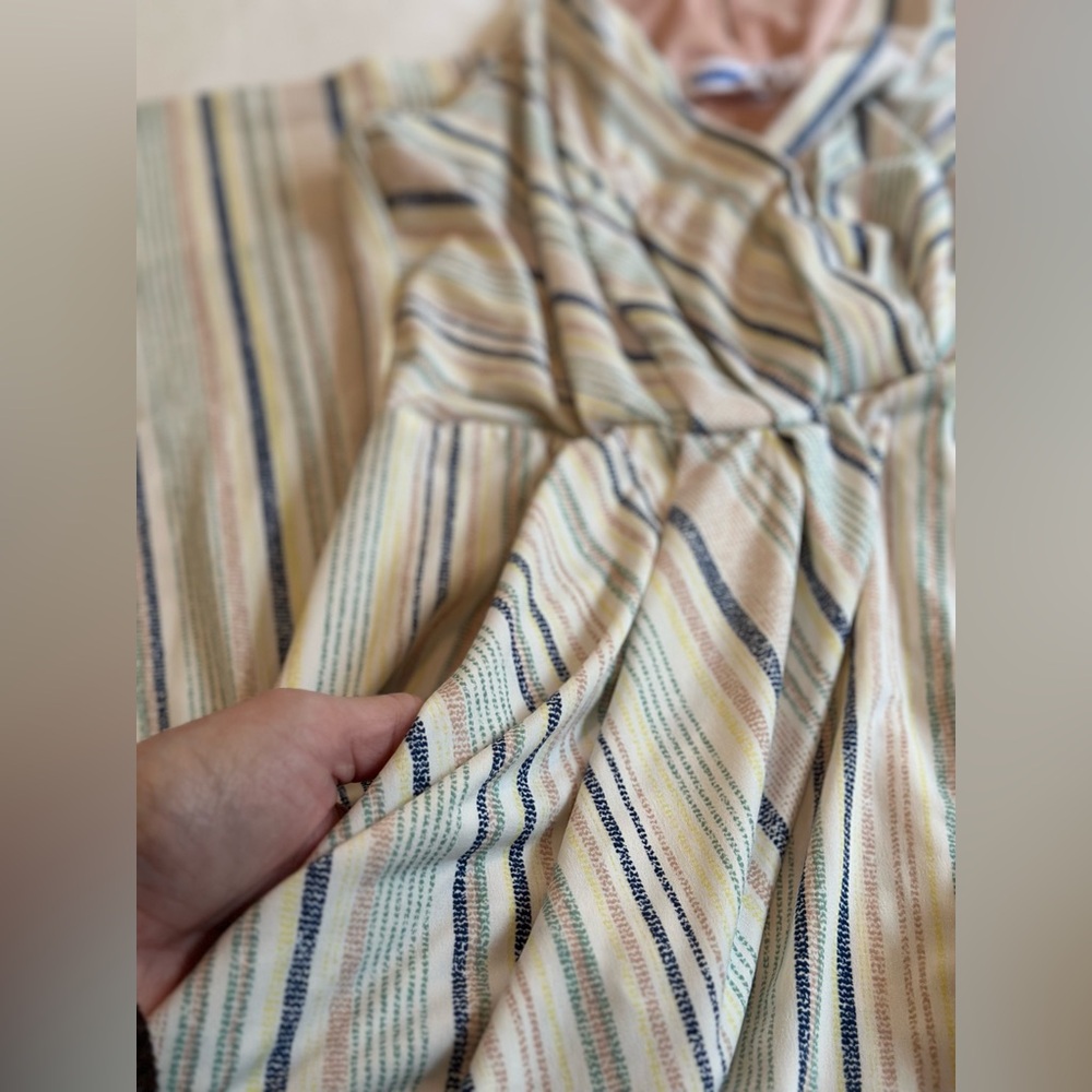 BCBGeneration, size S, cream and multi color striped midi dress with pockets